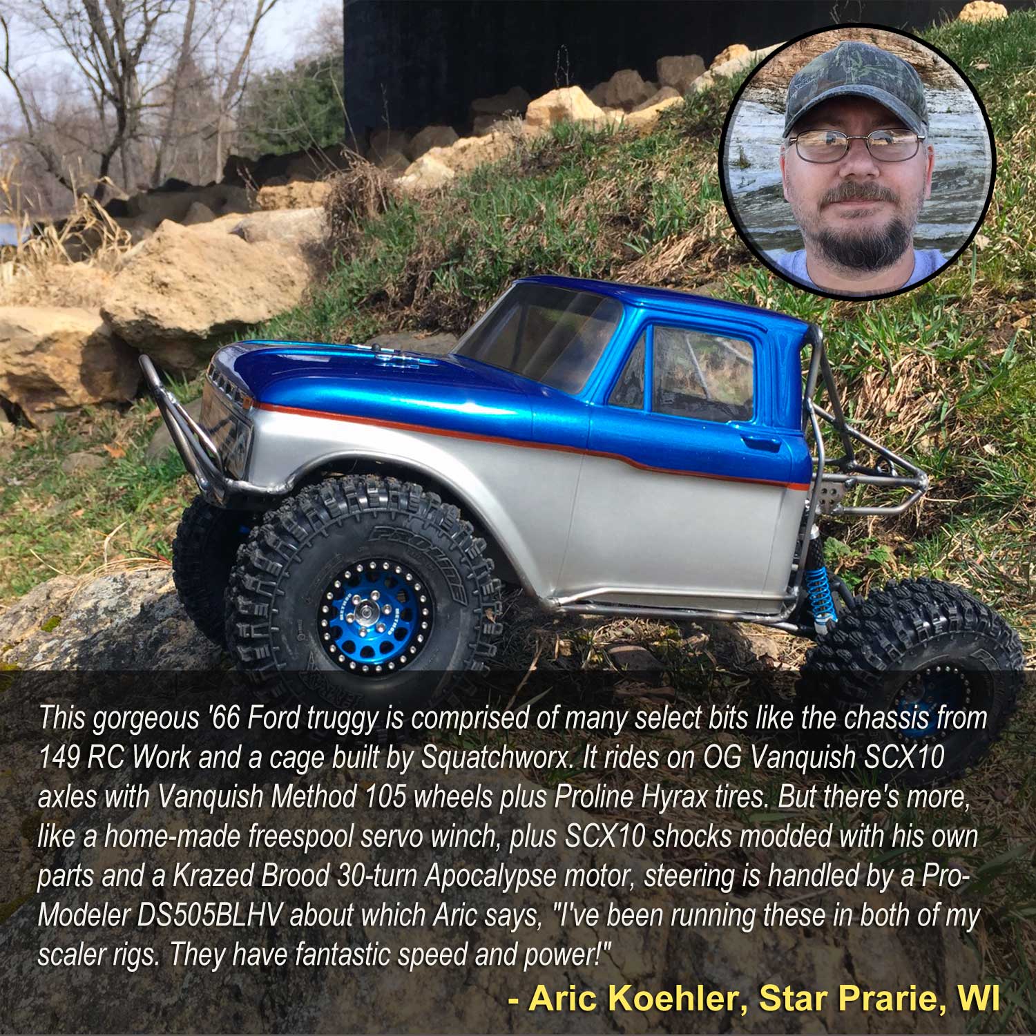 Close up photo of an Aric Koehler Ford Truggy equipped with ProModeler DS505BLHV on steering