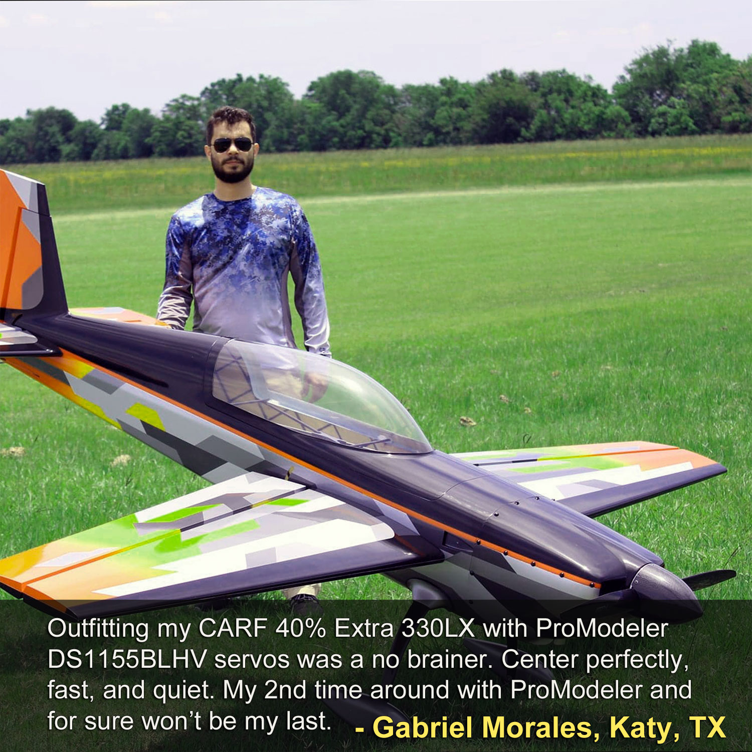 Field photo of Gabriel Morales CARF Extra 330LX equipped with the world's best servo, the ProModeler DS1155BLHV