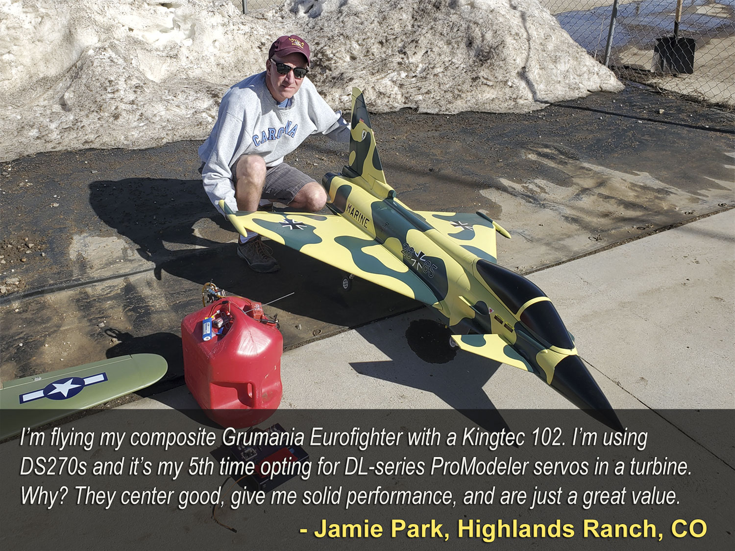 Field photo of Jamie Park with his Grumania Eurofighter equipped with the fantastic ProModeler DS270DLHV standard class servos