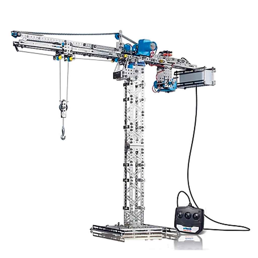 Close up of motorized construction crane set available from Tractor Supply, which a customer confided in buying to play with for himself.