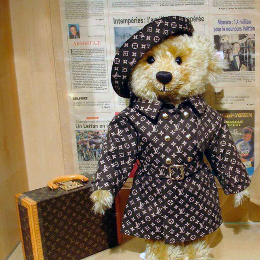 Close up of stuffed Mr. Bean and Teddy by Steiff created for the luxury brand Louis Vuitton.