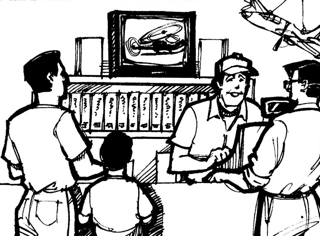 sketch showing customers in a hobby shop watching a video and purchasing items from the owner