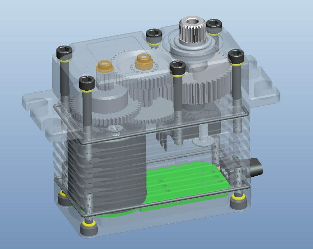 rendering showing the composition of a servo with gears, motor, PCB, and o-rings