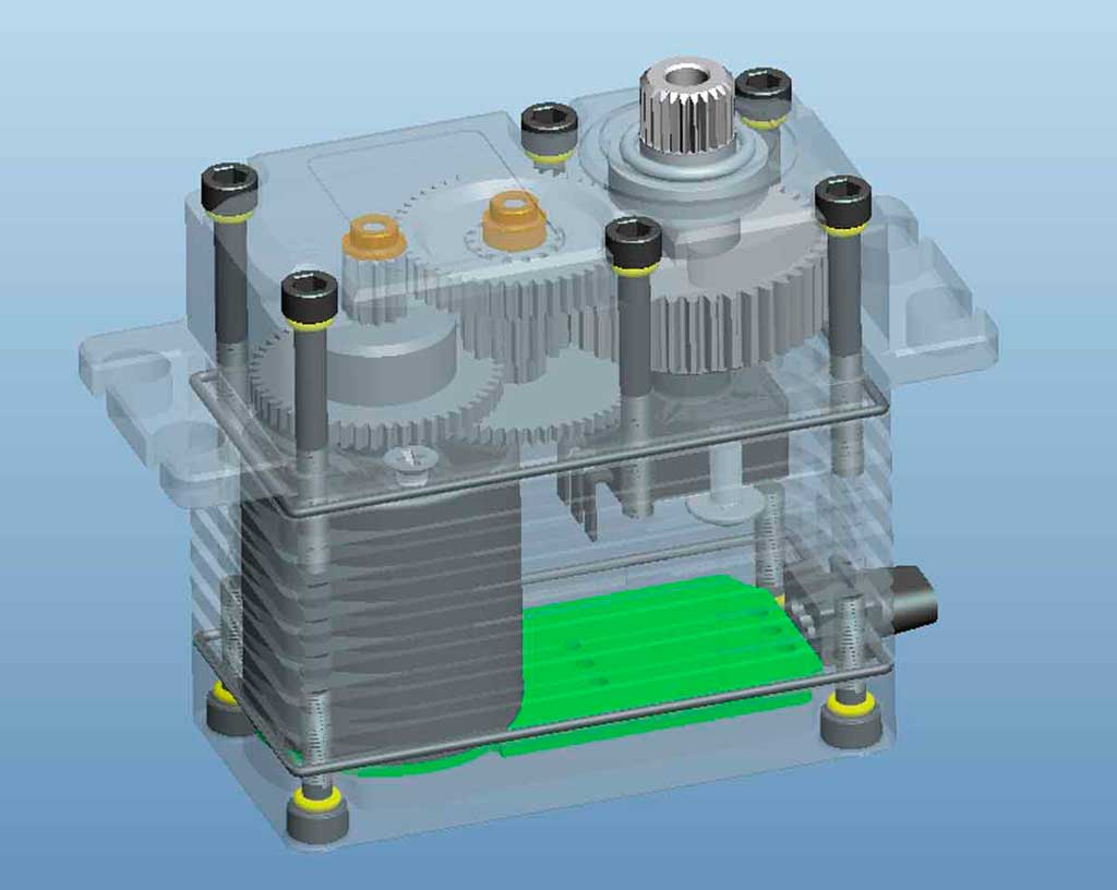 Cmputer rendering of a ProModeler servo showing the relative layout of internal components like motor, gears, potentiometer, and PCB plus assembly hardware, bearings, inserts, orings, and fasteners render