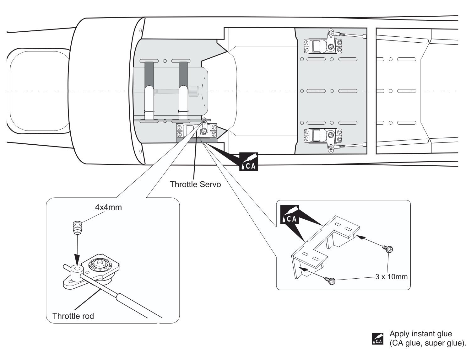 Line drawing from the manual of the 50cc Phoenix Spitfire showing throttle servo installation beside fuel tank