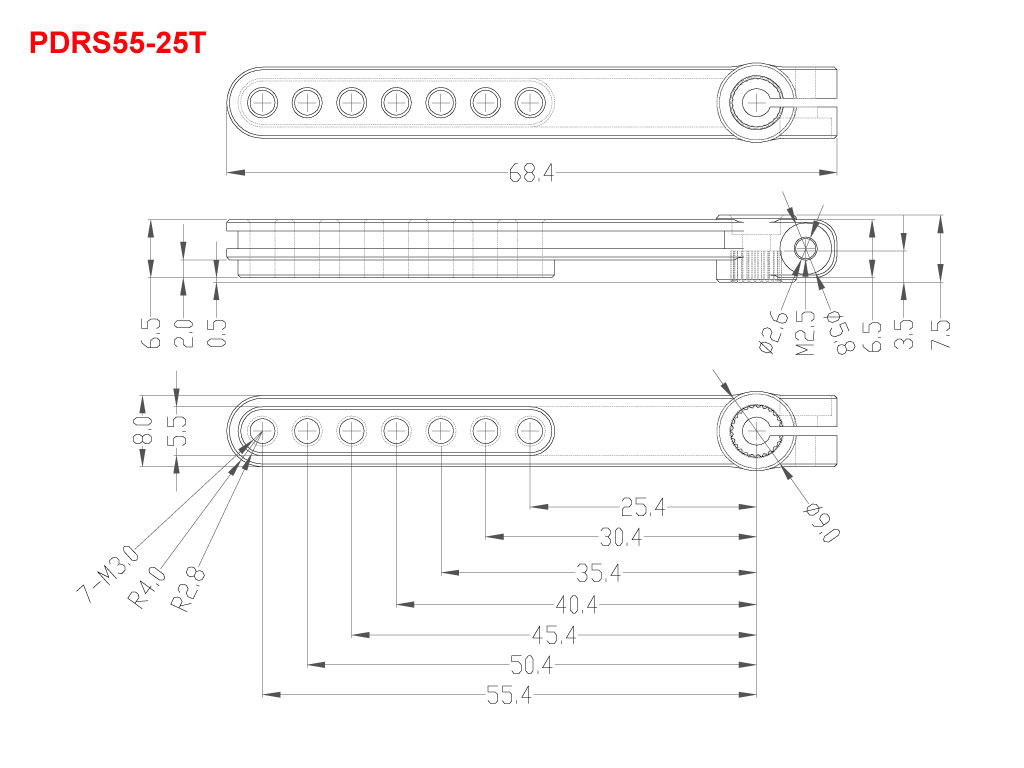 Dimensional drawing of the PDRS55-25T arm