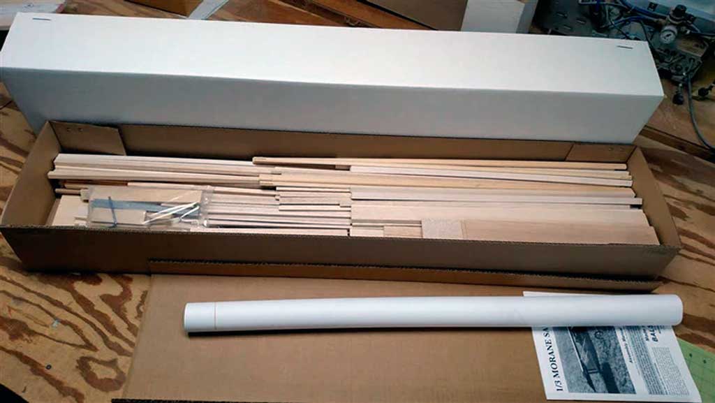 Contents of a Balsa USA Morane-Saulnier kit upon opening the box.