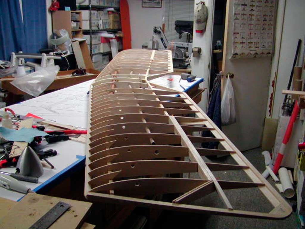 Close up of assembled wing panels for a BUSA Morane-Saulnier A.1 model in the bones.