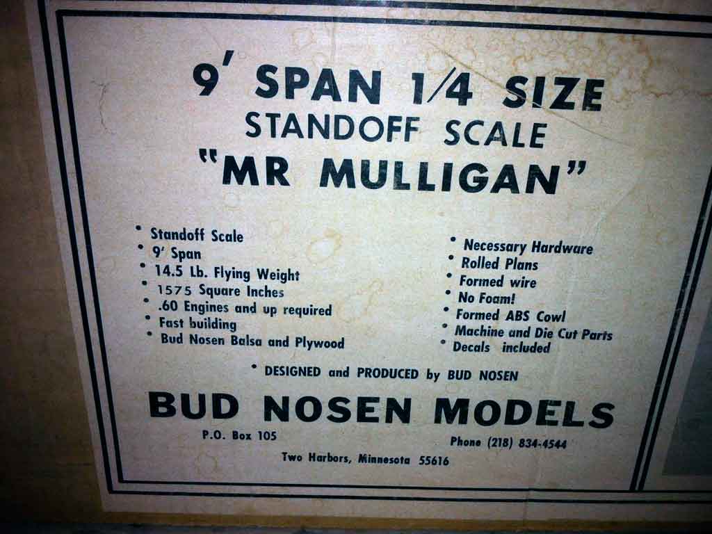 Close up of kit box label with dimensions and address for Bud Nosen Models