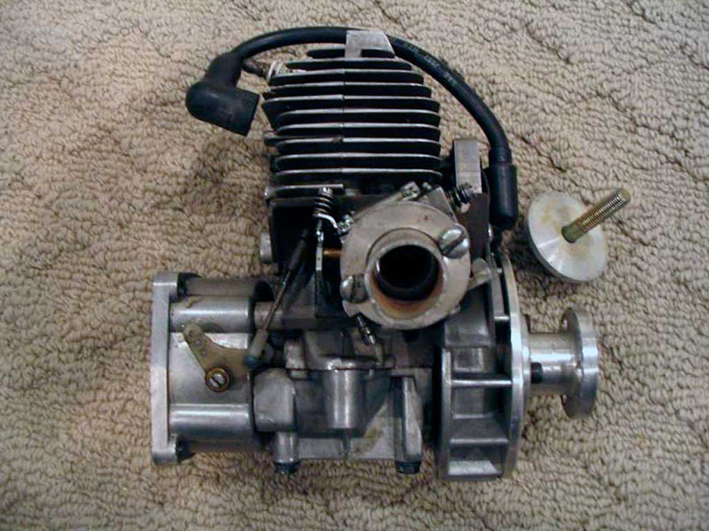 Close up of Quadra 35 model airplane engine converted from industrial use by Canadian Daryl Brisaglia.