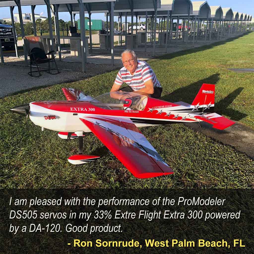 Close up of a true gentleman, Ron Sormrude of West Palm Beach, FL stating about his ProModeler servos, 'I am pleased with the performance of the ProModeler DS505 servos in my 33% Extreme Flight Extra 300 powered by a DA-120. Good product.'