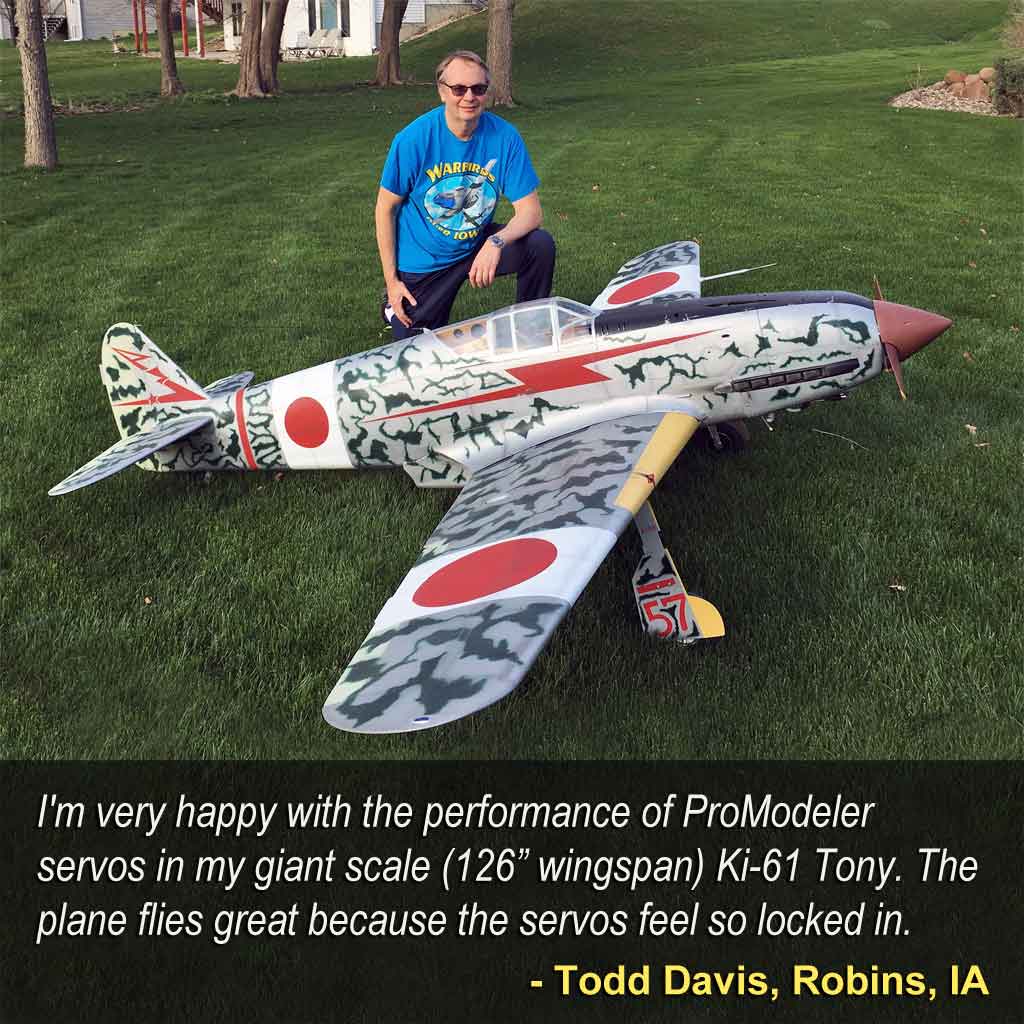Close up of pilot Todd Davis, Robins, IA, saying, 'I'm very happy with the performance of ProModeler servos in my giant scale (126” wingspan) Ki-61 Tony. The plane flies great because the servos feel so locked in.'