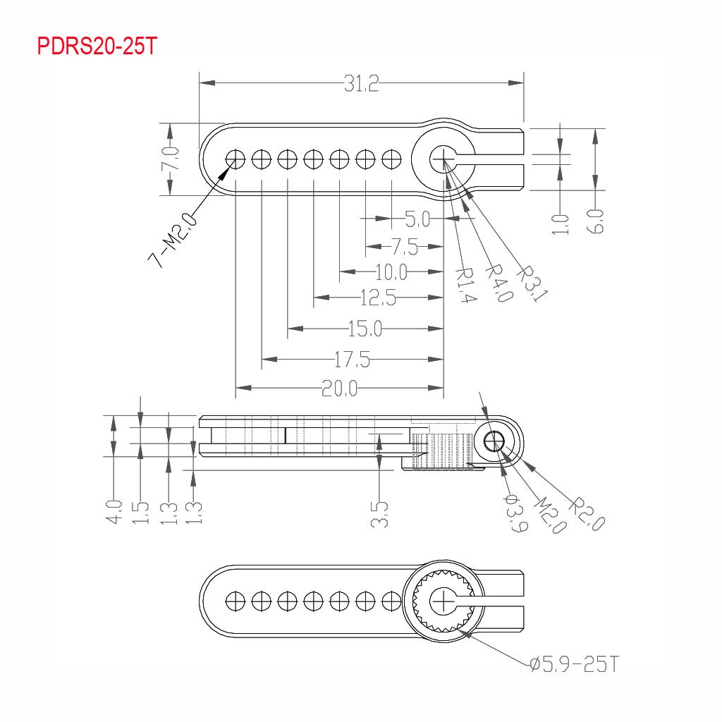Graphic of PDRS20-25T servo horn manufactured of 7075-T6 aircraft alloy.