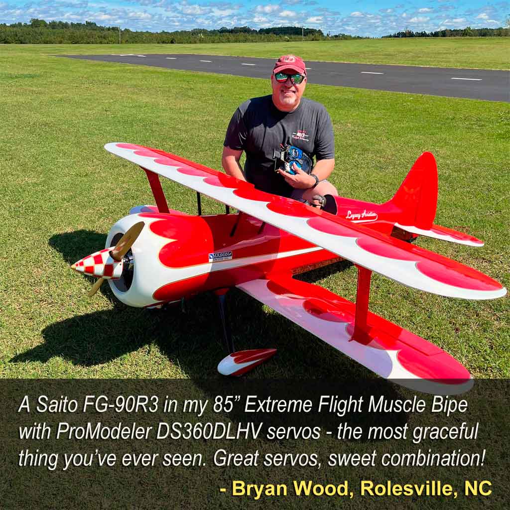 Field photo of an Extreme Flight customer with a Muscle Bipe equipped with Saito FG-90R3 and what many consider the world's best giant scale servo, the ProModeler DS360DLHV