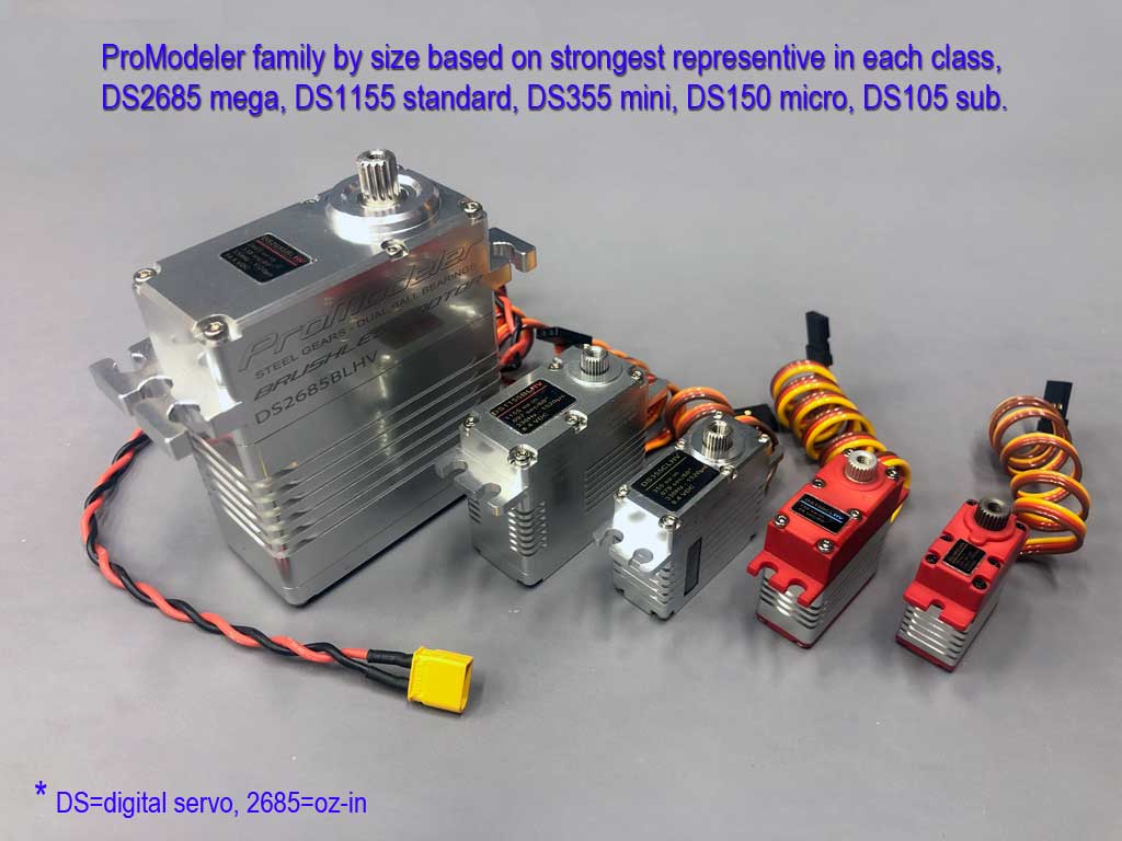Photo of ProModeler servos arranged by size from giant, standard, mini, micro, and 16g-class