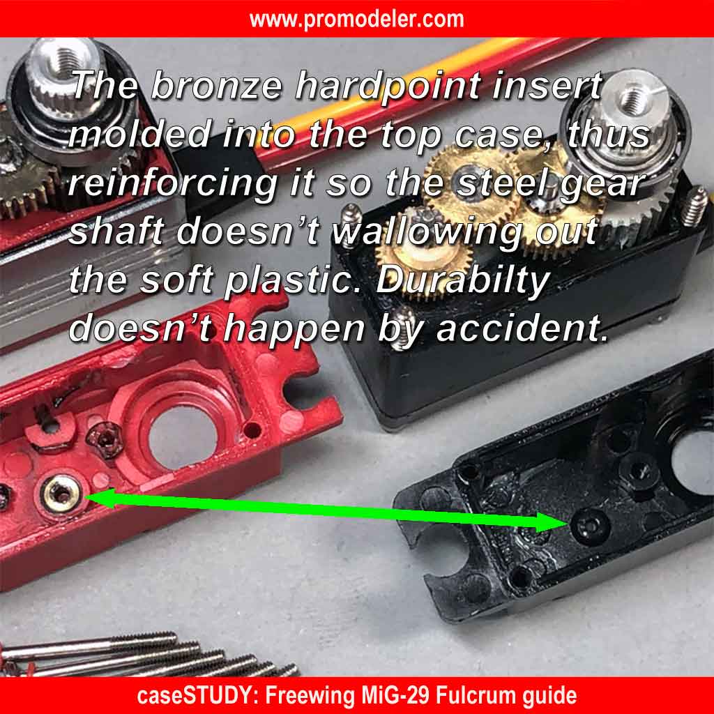 Image showing the bronze inserts reinforcing the gear train of ProModeler servos compared to Hitec servos