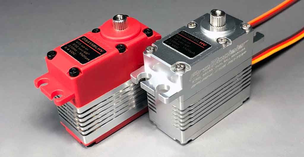 Close up photo of hybrid case vs all alloy case ProModeler servos