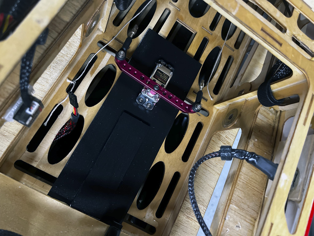Close up of the rudder servo installation within the Goldwing 106-inch Yak 55M
