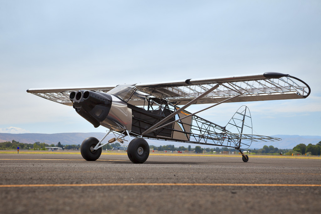 Wide angle photo of nearly complete builder assist Cubcrafters Carbon Cub in the bones