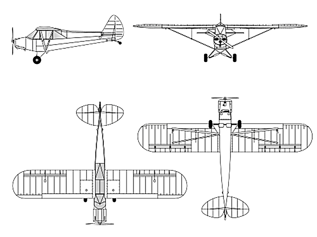 3-view drawing of a Piper Cub J-3