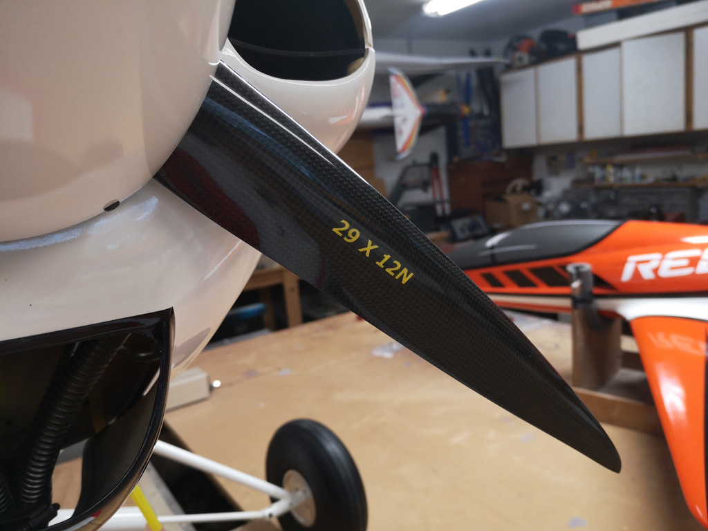 Close up photo of the business end of a Carbon Cub with Mejlik prop blade showing