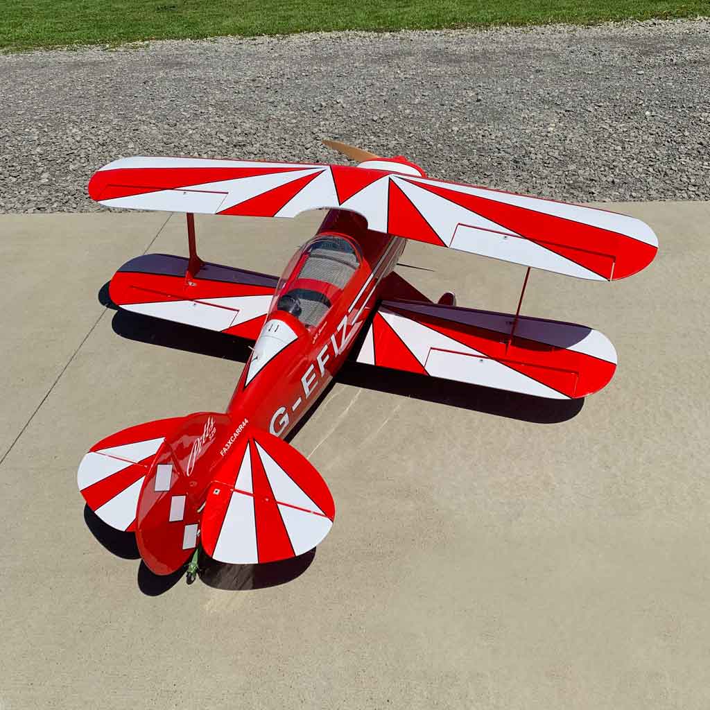 At the ready in this closeup, the Pitts mode airplane is poised for a turn to fly.