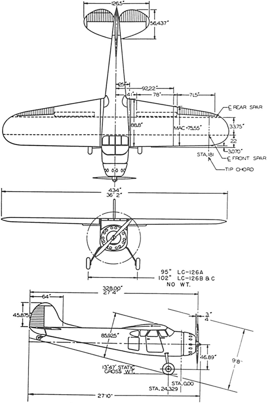 cessna 195 3 view drawing