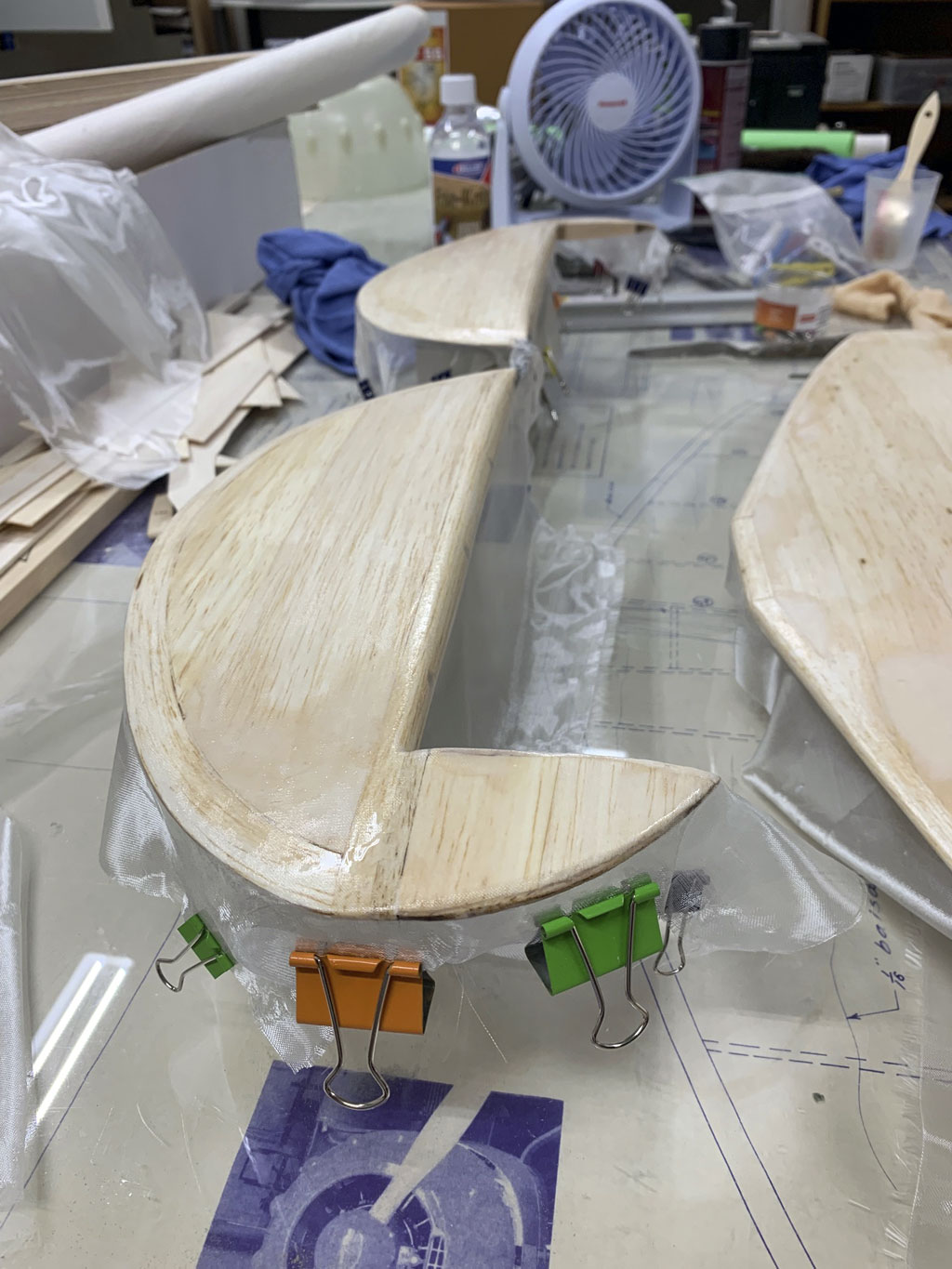 Photo of Cessna 195 elevator halves being fiberglassed
