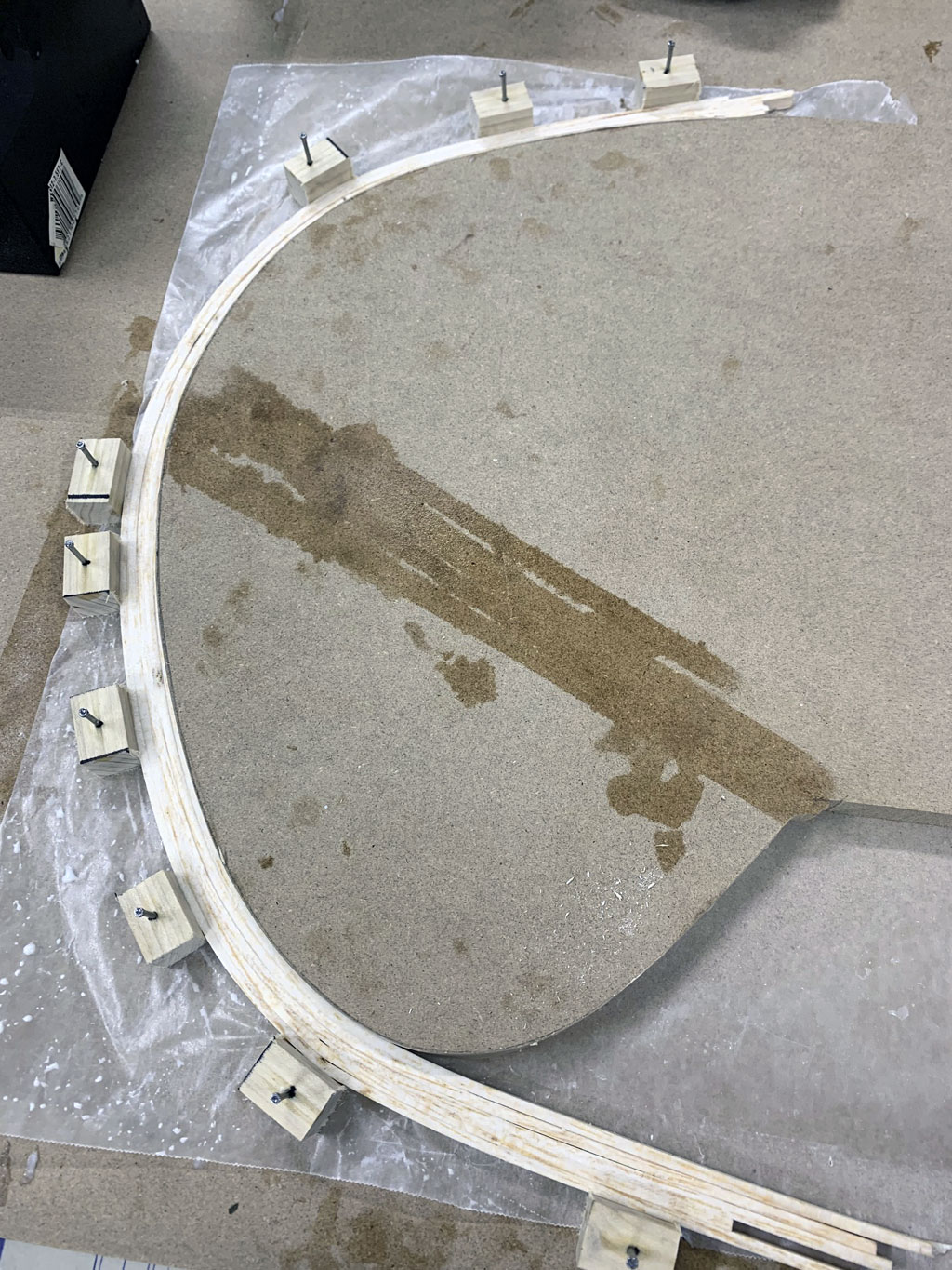 Wide photo showing the form for the laminated trailing edge of the rudder