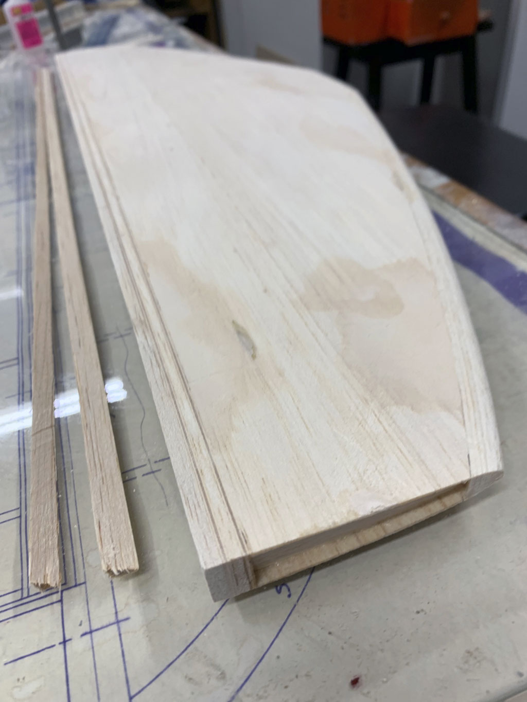 Photo of horizontal stab after being sanded to shape and sheeted with balsa