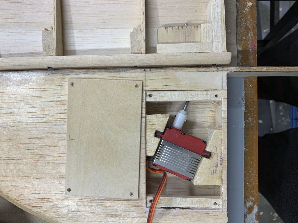 Close up of vertical fin with pocket to accept the rudder servo using a ProModeler side mount adapter and rotary drive coupler