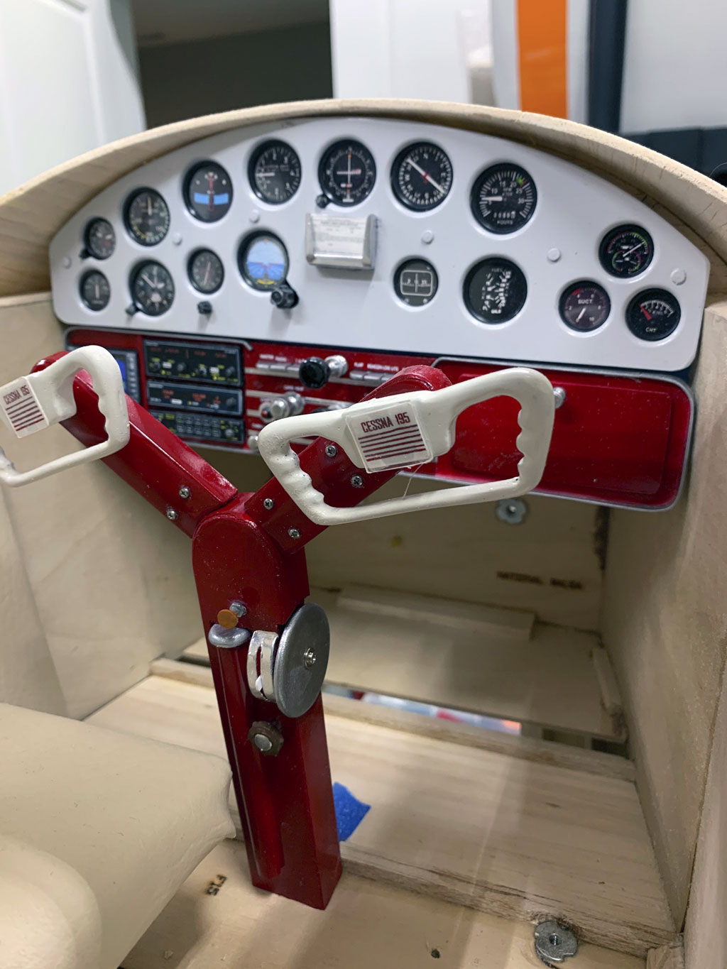 Close up photo of control yoke and instrument panel within the Hostetler quarter scale Cessna 195