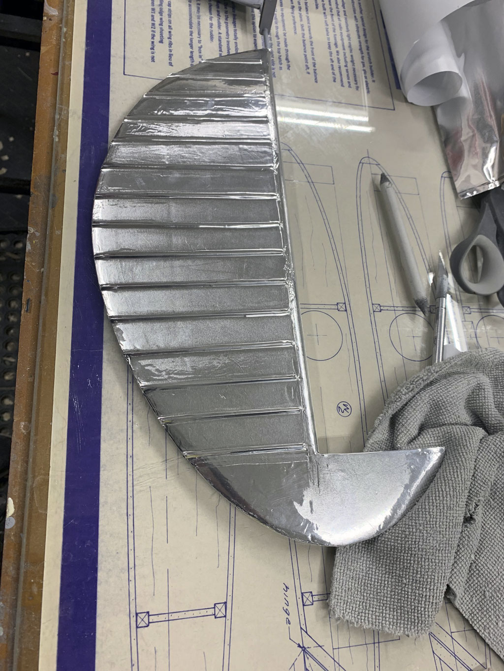 Close up photo of the rudder already detailed and covered in Flite-Metal for a Hostetler quarter scale Cessna 195 model