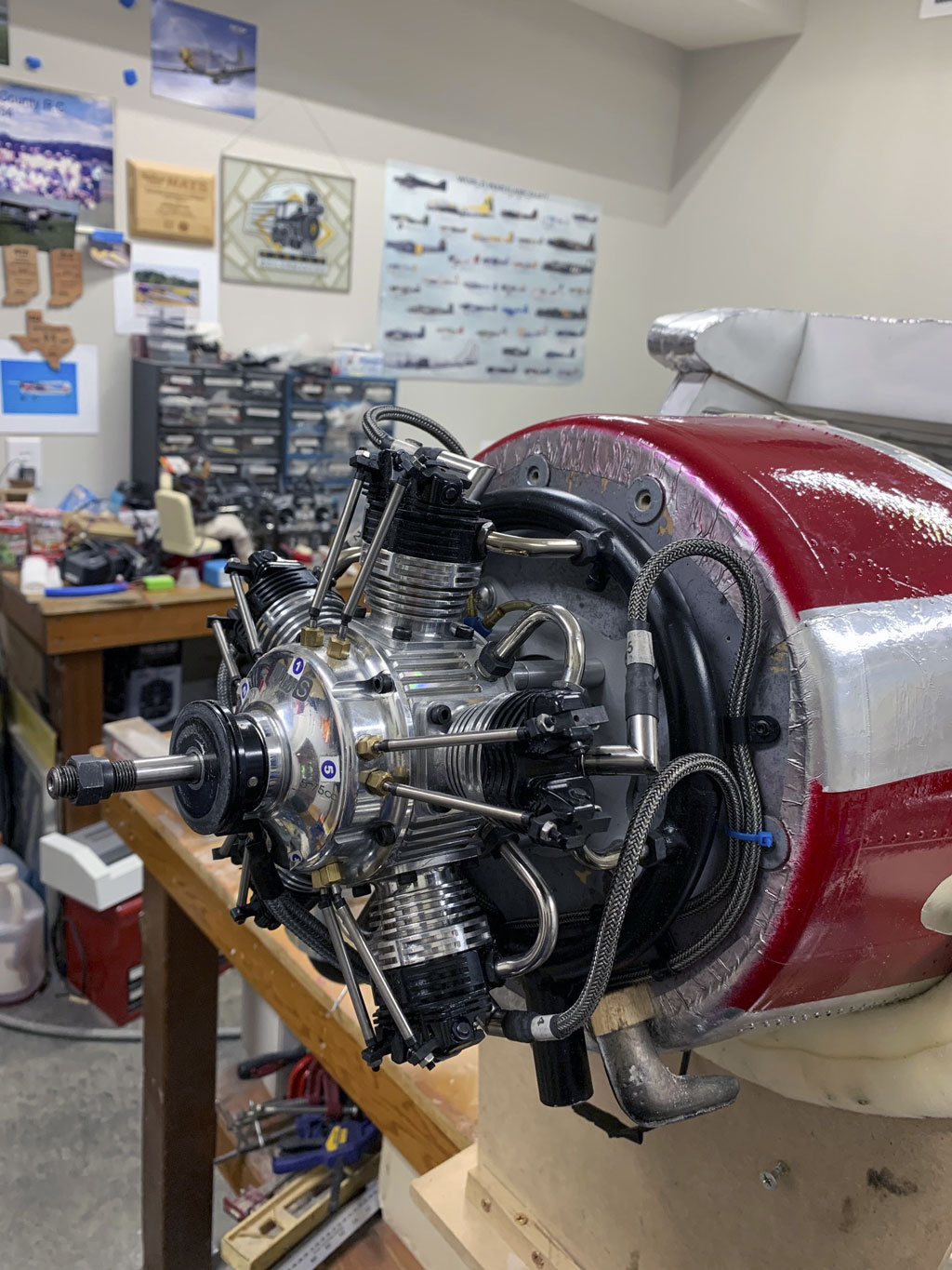 Close up of a UMS 5-75 radial engine installed on the nose of a quarter scale Hostetler Cessna 195