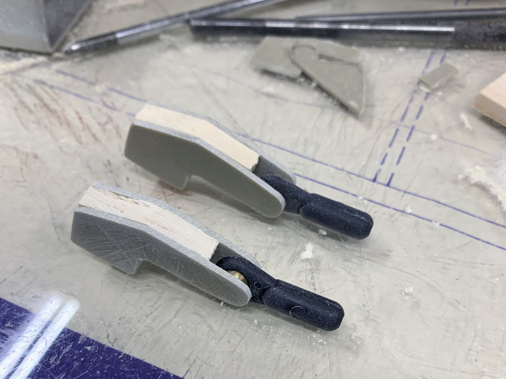 Close up photo of the wing construction of the Hostetler quarter scale Cessna 195 aileron showing the flap linkage