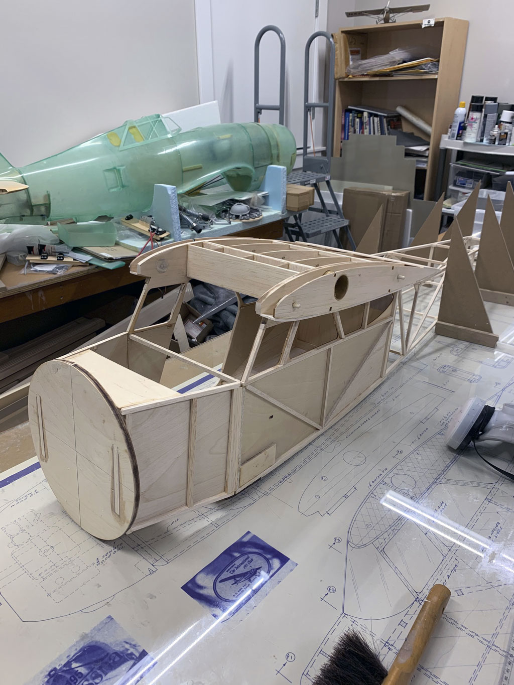 Close up photo of the forward fusleage construction of the Hostetler quarter scale Cessna 195 after attaching the firewall