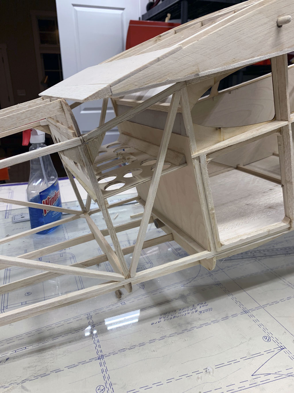 Close up photo of the fusleage construction of the Hostetler quarter scale Cessna 195 immediately aft of the wing for the servo tray