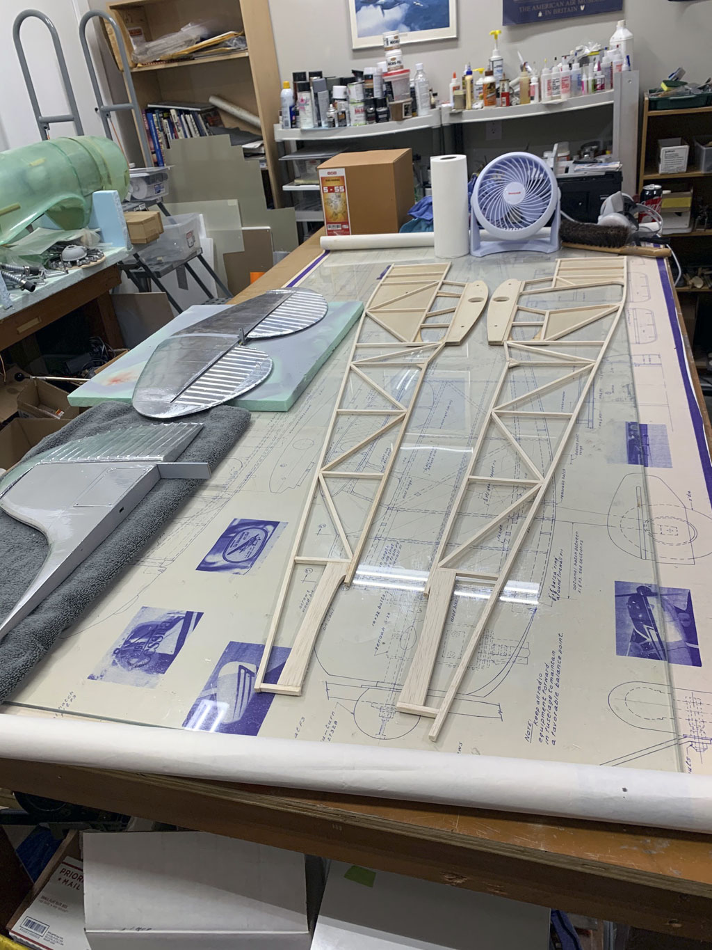 Close up photo of the fusleage construction of the Hostetler quarter scale Cessna 195 showing sides laid out