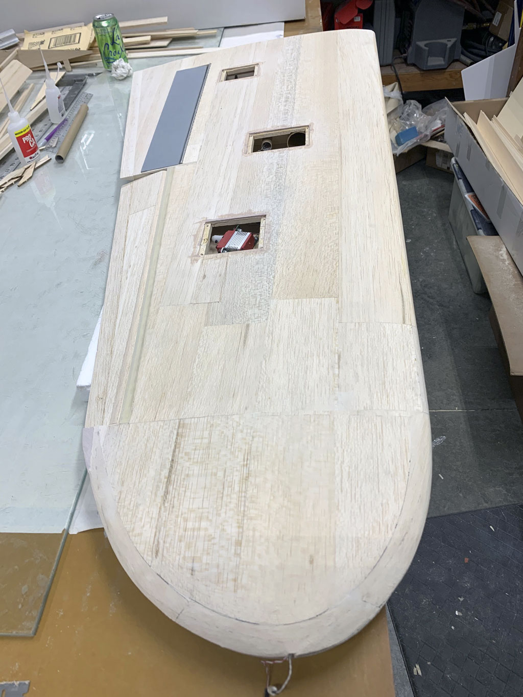 Close up photo of the wing construction of the Hostetler quarter scale Cessna 195 aileron showing the finished under surface