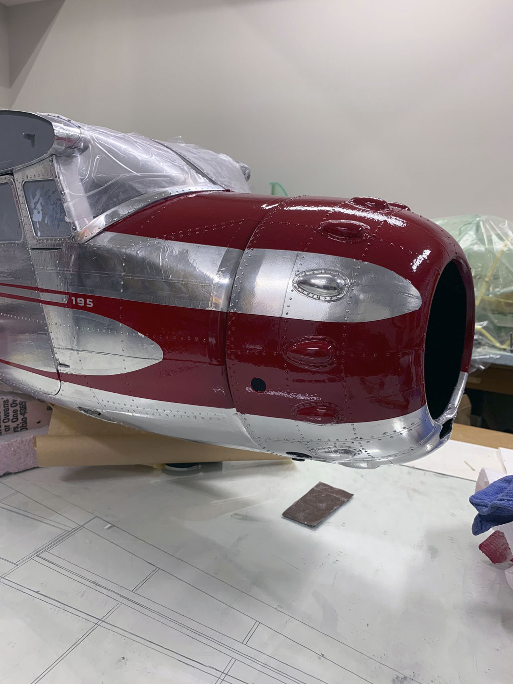 Close up photo of Hostetler Cessna 195 forward fuselage paint