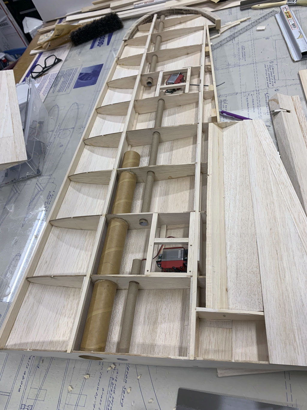 Close up of wing tip construction of the Hostetler quarter scale Cessna 195 wing sheeting installed