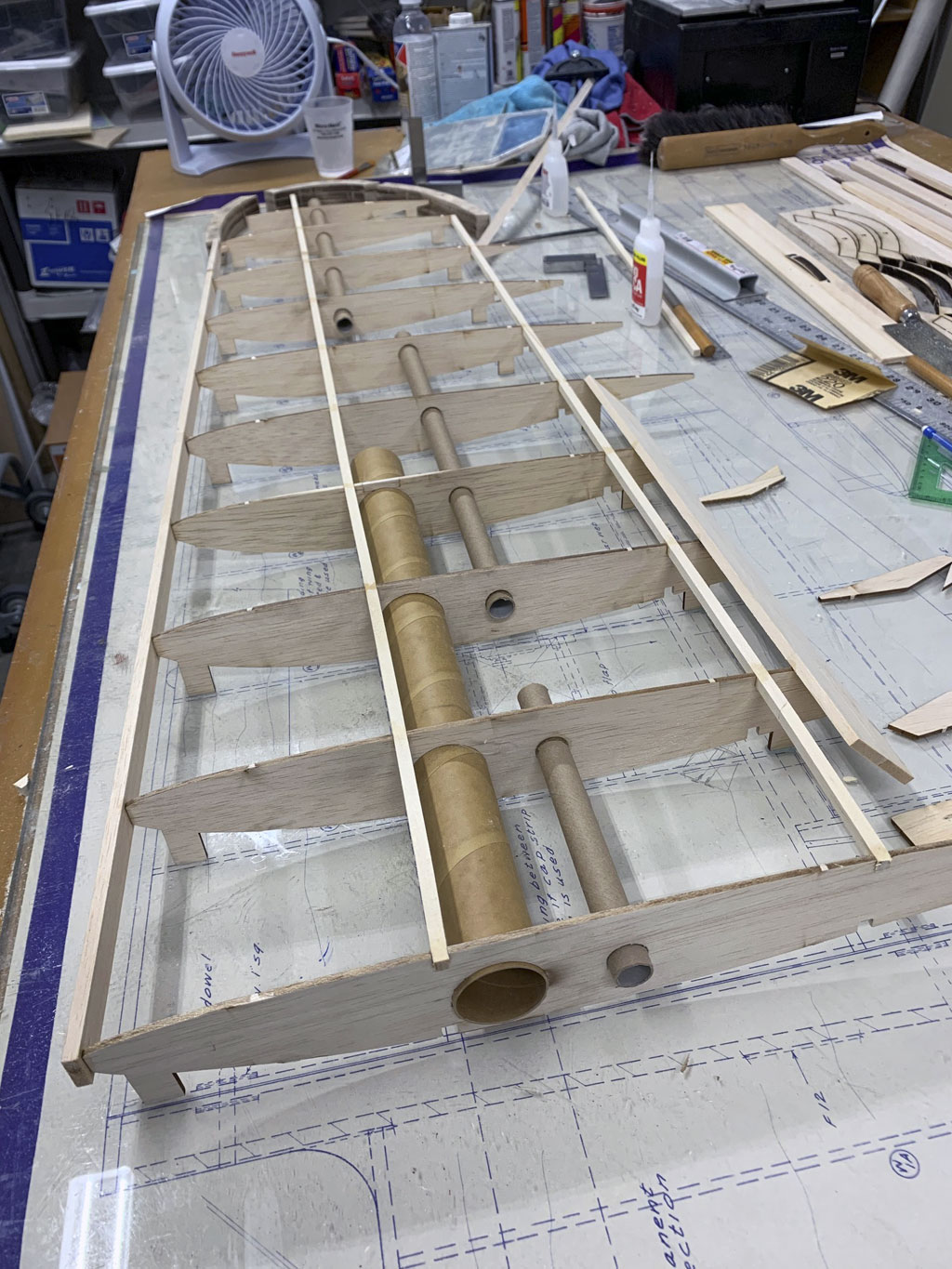 Photo of framing the Hostetler quarter scale Cessna 195 wing panel