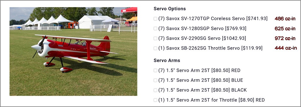 Screen shot of Extrme Flight Muscle Bipe servos and servo arms as called for