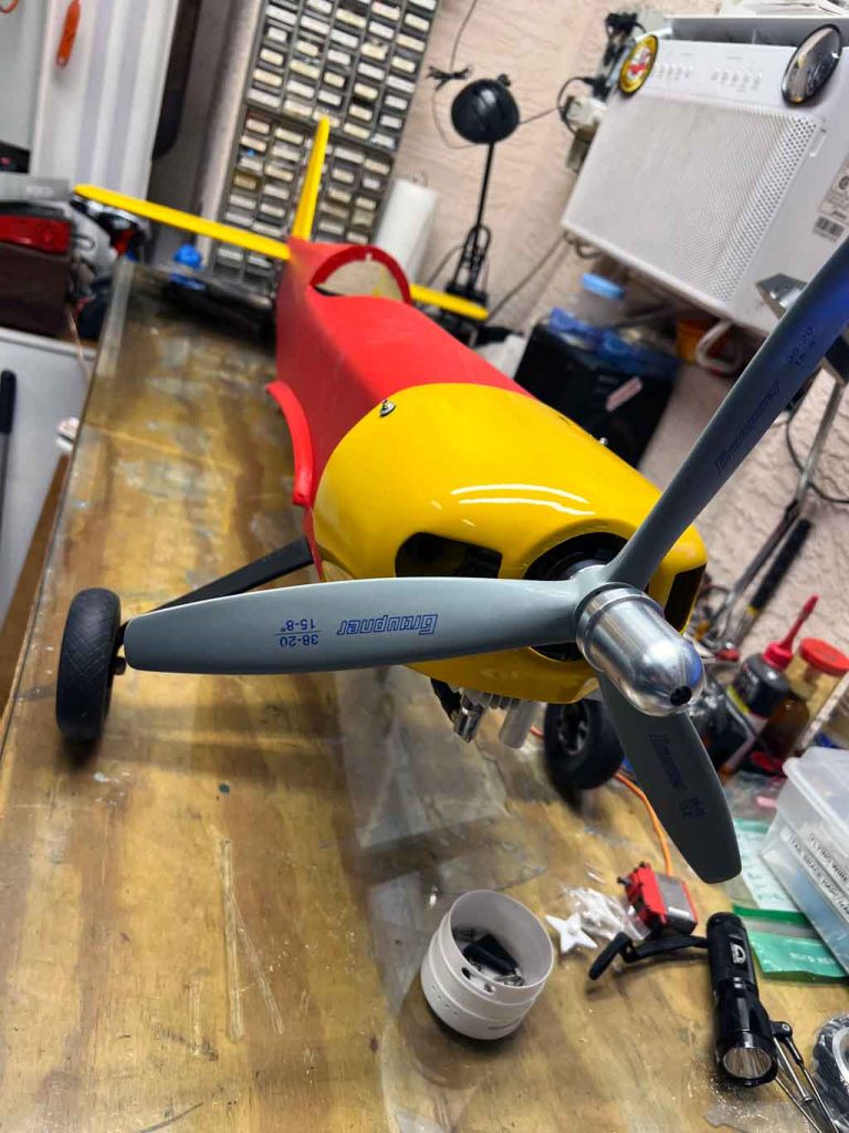 Image highlighting the nose gear of the Dragon Lady on the work bench