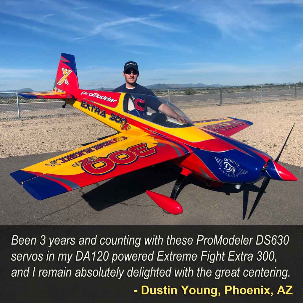 Photo of Dustin Young standing besides his giant scale Extreme Flight Extra 300 model with DA120 engine stating, 'Been 3 years and counting with these ProModeler DS630 servos in my DA120 powered Extreme Fight Extra 300, and I remain absolutely delighted with the great centering.'