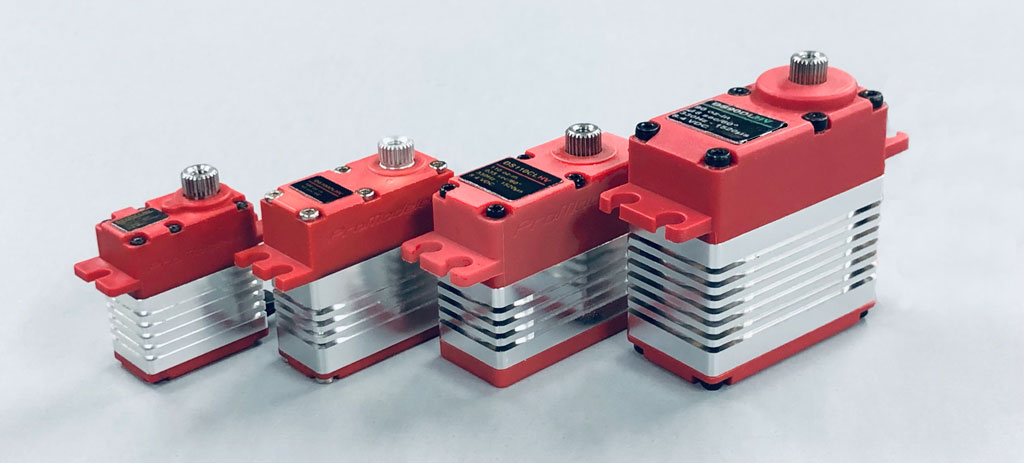 An array of servos known Close up of an array of ProModeler servos in four sizes known internally as the century-series because they all output about 100oz-in.