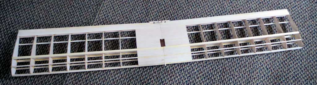 Close up of the wing structure of SIG Four-Star 40 after construction with wing center sheeting in place.