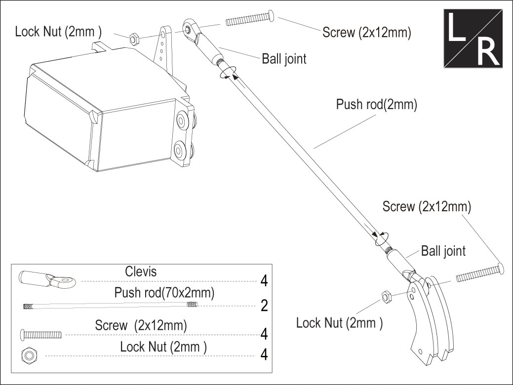 Drawing form the manual of the TopRC Models 5th scale A6M5 Zero showing the typical linkage rod assembly using M2 hardware