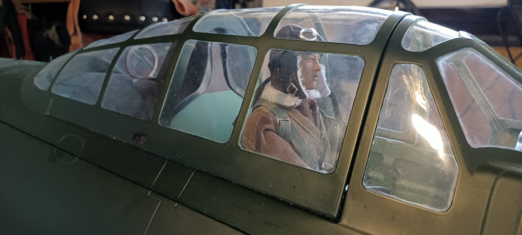Close up photo of the TopRC Models 5th scale A6M5 Zero cockpit complete with pilot figure