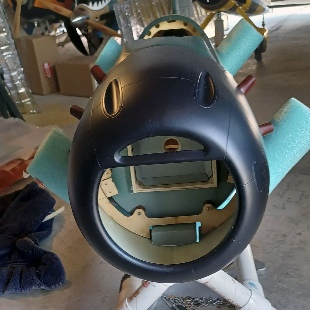 Close up photo of the cowl temporarily installed on the TopRC Models 5th scale A6M5 Zero